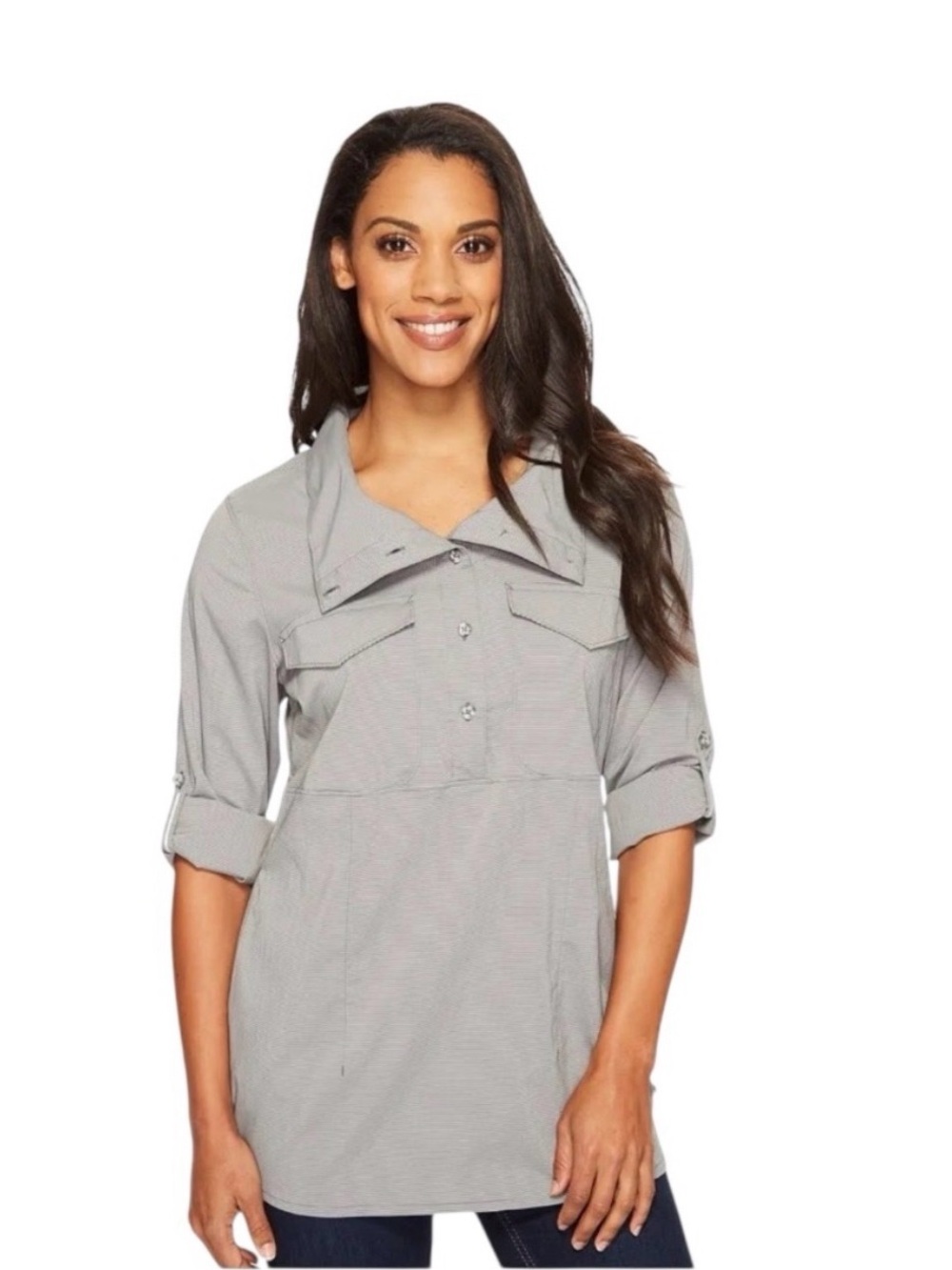 Mountain Hardware Citypass Popover Gray and White Stripe Shirt Med - Picture 2 of 9